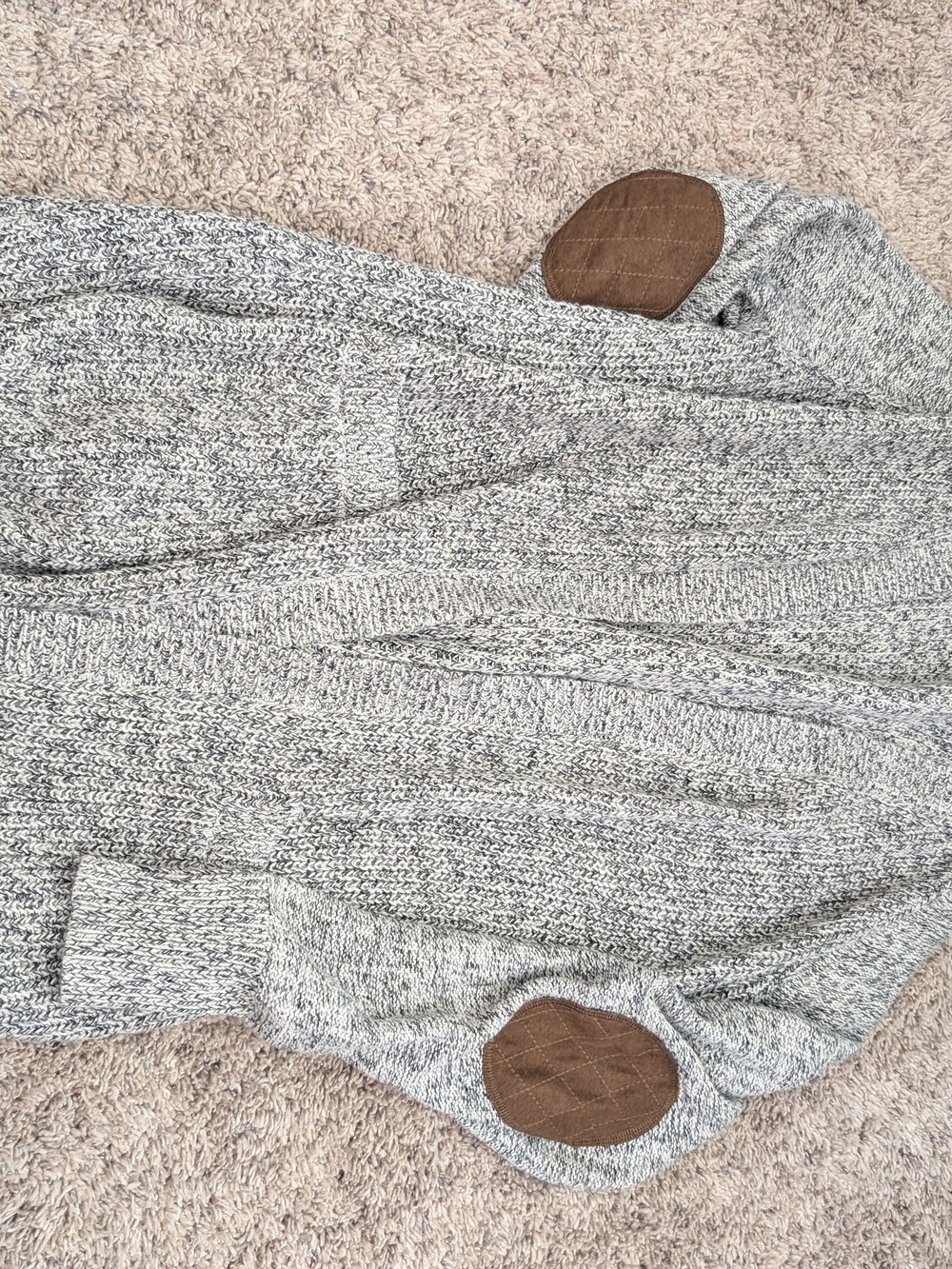 Women’s Grey Marled Knit Sweater with Brown Elbow Patches